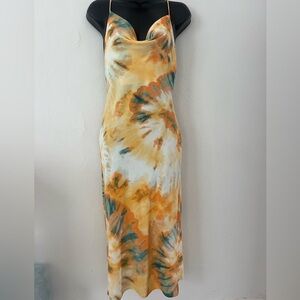 Sleeveless Cowl Midi Dress in Yellow Tie-Dye